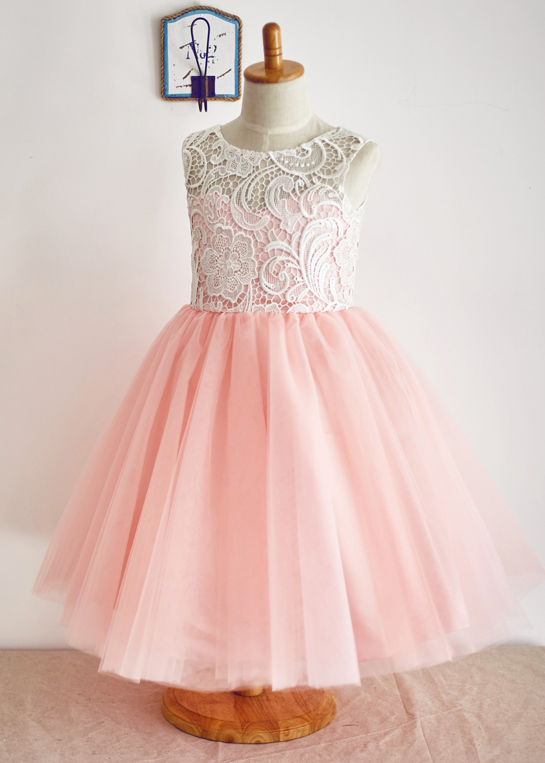 A-line Ivory Lace Peach Pink Tulle Flower Girl Dress